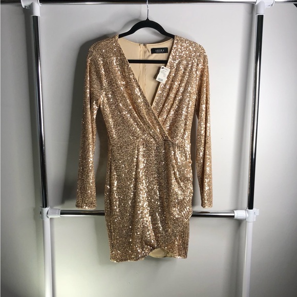 AKIRA Dresses & Skirts - AKIRA Gold Sequin Long-Sleeve Mini Dress